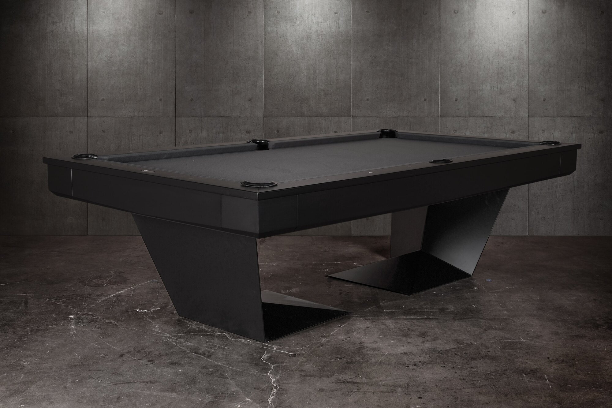 The TRON pool table by Doc & Holliday featuring a steel base and modern architectural profile, designed for contemporary interiors and commercial spaces.