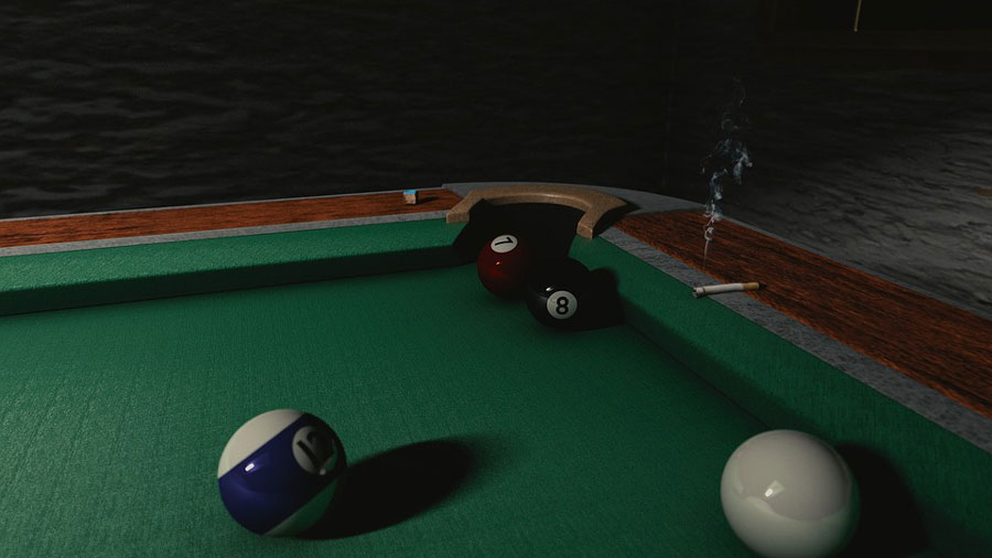 a cigarette burns on the edge of a pool table